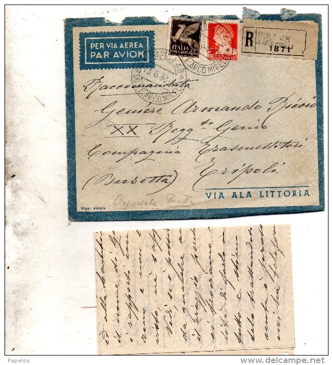 1938 LETTERA RACCOMANDATA VIA AEREA CON ANNULLO NAPOLI 48 X TRIPOLI  CON TESTO - Marcofilie (Luchtvaart)