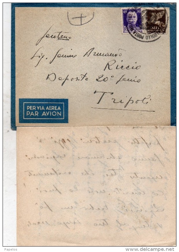 1940  LETTERA VIA AEREA DA   CAGLIARI  X TRIPOLI  CON TESTO  +  UFFICIO CONTROLLO POSTA MILITARE AERONAUTICA - Poststempel (Flugzeuge)