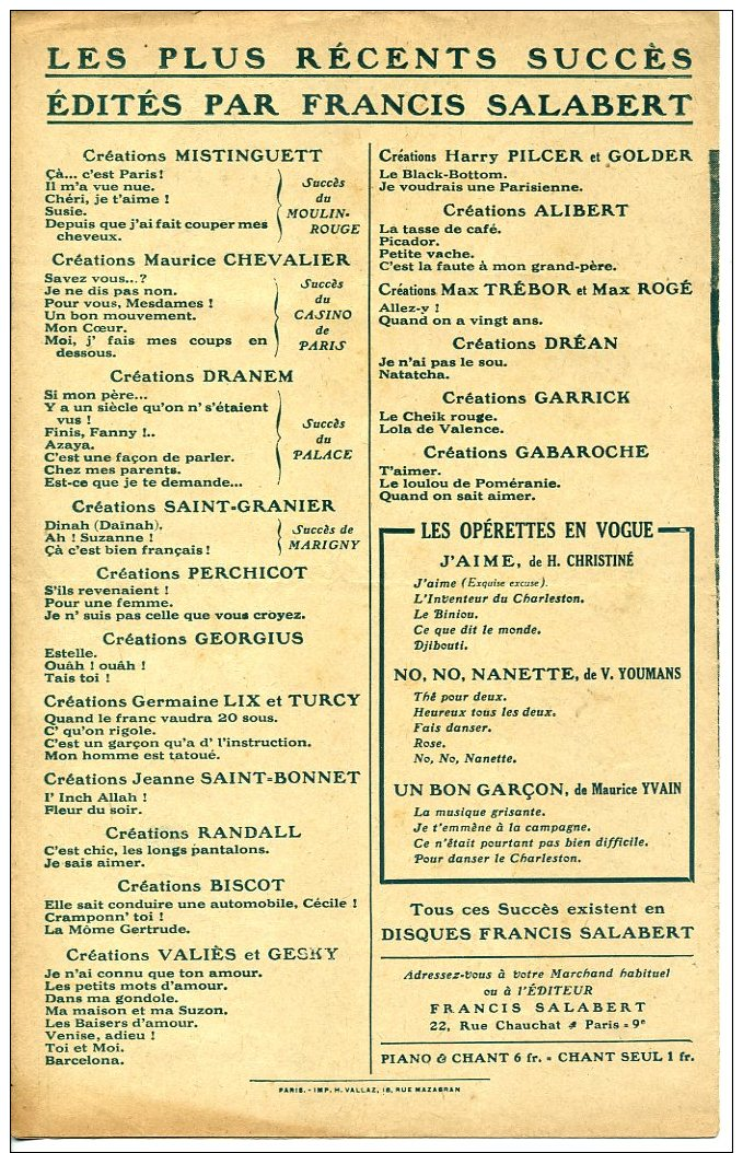 CAF CONC PARTITION REVUE MOULIN ROUGE MISTINGUETT ÇA C EST PARIS PADILLA 1926 - Autres & Non Classés