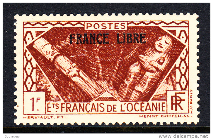 French Polynesia MH Scott #126 FRANCE LIBRE Overprint Black On 1fr Idols - Neufs