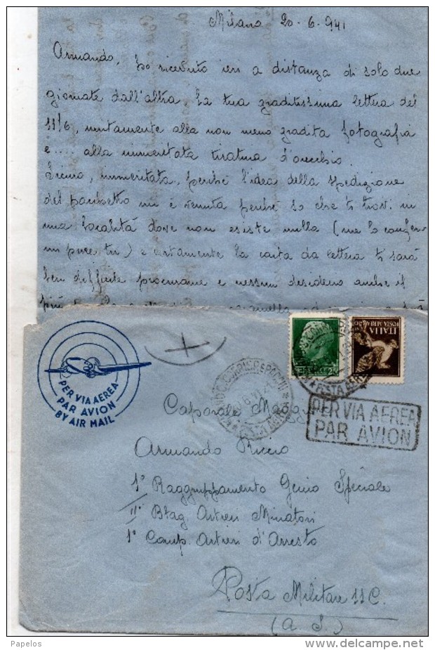 1941    LETTERA VIA AEREA CON ANNULLO MILANO   POSTA MILITARE 11 - Marcofilie (Luchtvaart)