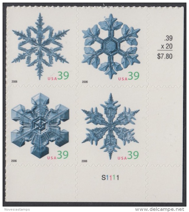 !a! USA Sc# 4101-4104 MNH PLATEBLOCK (LR/S1111/b) - Snowflakes - Plate Blocks & Sheetlets