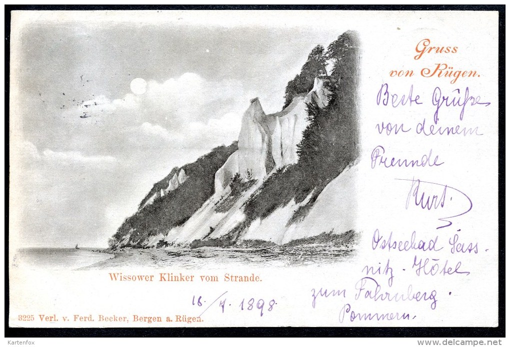 Rügen, Gruss Von, 18.7.1898, Wissower Klinker,Klinken, Vom Strande,Nationalpark Jasmund,Sassnitz - Roebel