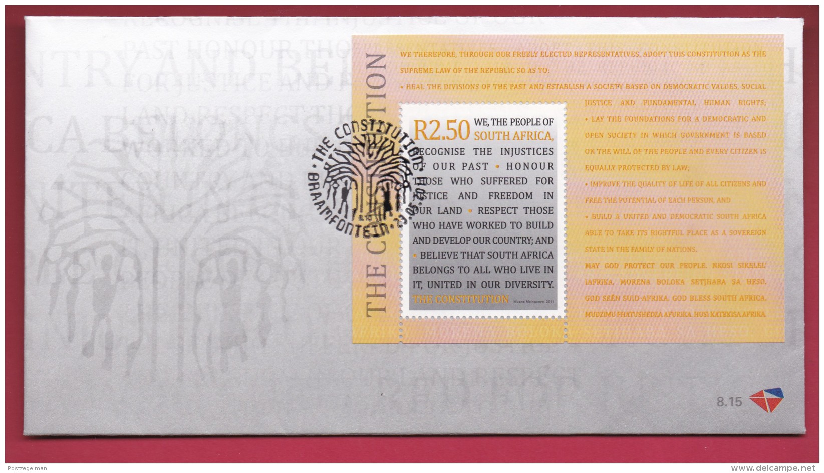 REPUBLIC SOUTH AFRICA, 2011 , Mint First Day Cover, The Constitution,  8-15, F1251 - Covers & Documents