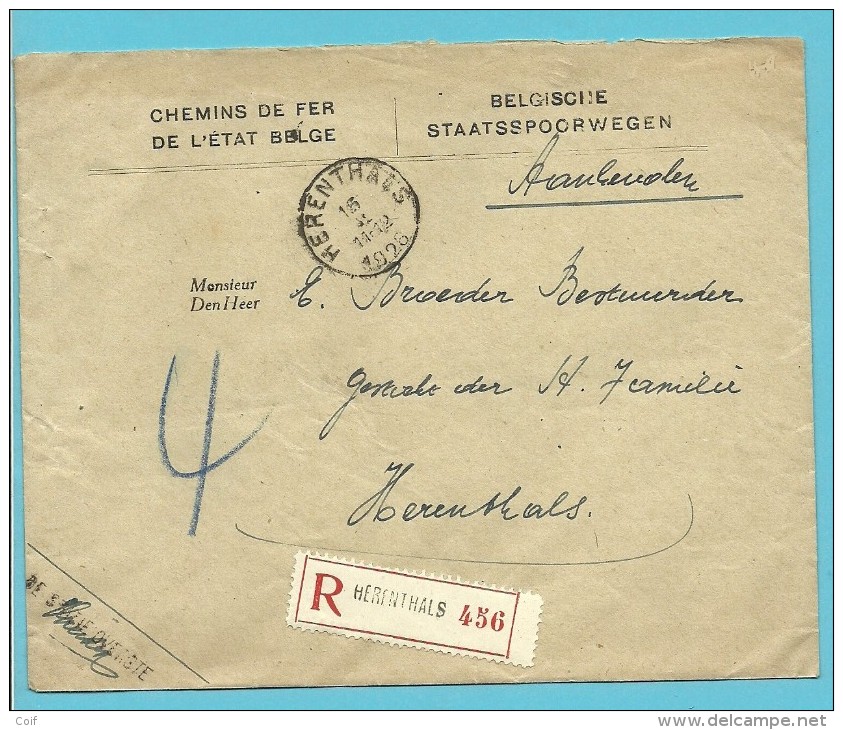 Aangetekende Brief Met Hoofding "CHEMINS DE FER DE L'ETAT BELGE" Met Stempel HERENTHALS Op 16/2/1926 - Franchise