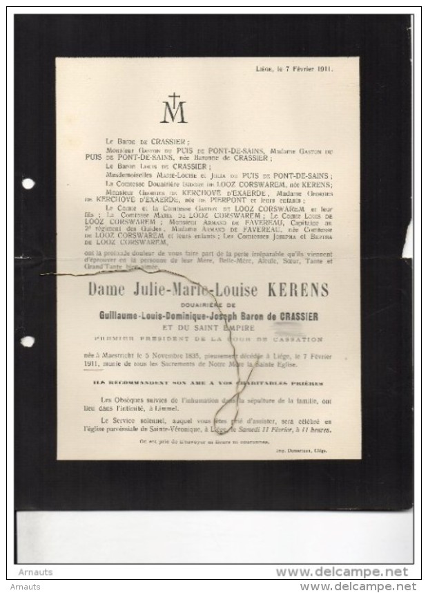 Julie Kerens épouse De Crassier Guillaume President Cour Cassation °Maastricht 1835 +7/2/1911 De Kerchove D´Exaerde - Overlijden