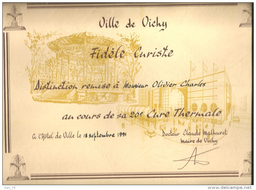 Distinction FIDELE CURISTE Par La Ville De VICHY - Diplômes & Bulletins Scolaires