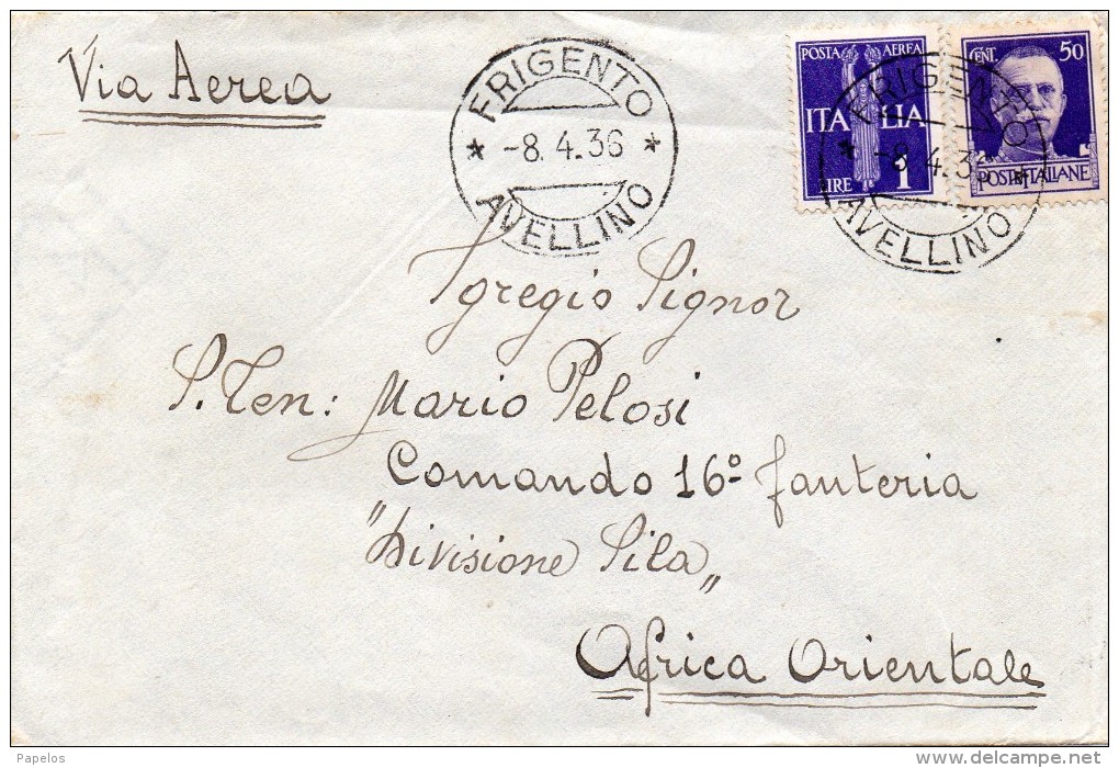 1936  LETTERA VIA AEREA CON ANNULLO  FRIGENTO  AVELLINO X  AFRICA ORIENTALE - Marcophilie (Avions)