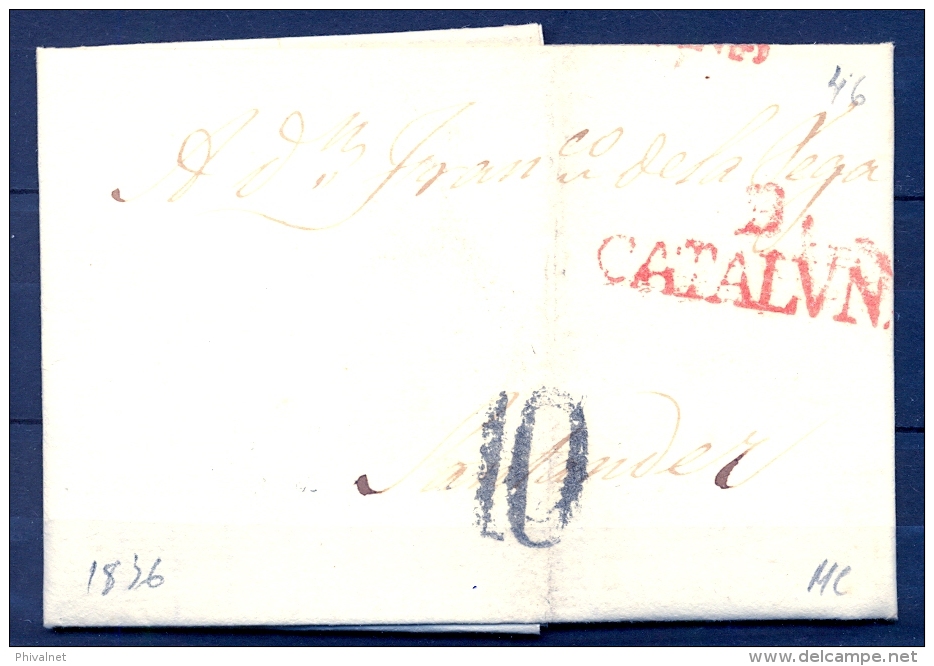1836 , CATALUÑA , D.P. 5 , CARTA CIRCULADA ENTRE BARCELONA  Y SANTANDER Nº 45 - ...-1850 Prephilately