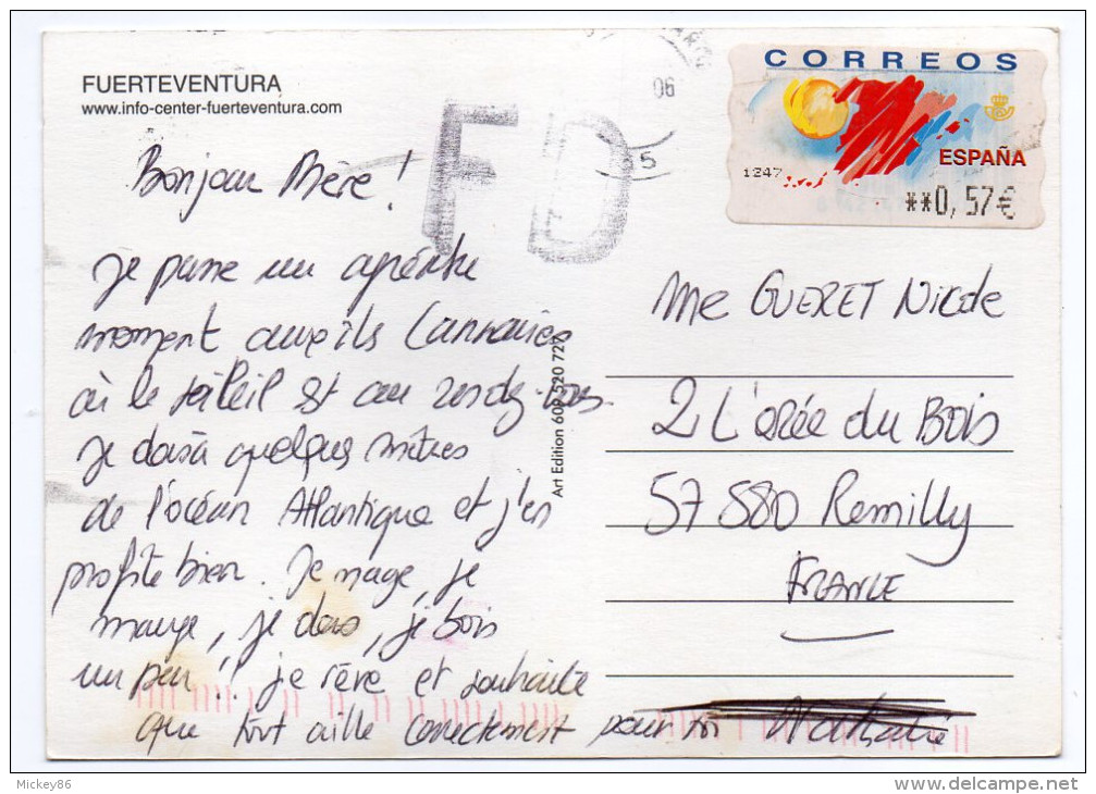 2006--carte Postale FUERTEVENTURA Pour La France--timbre-vignette 0.57€ - Covers & Documents