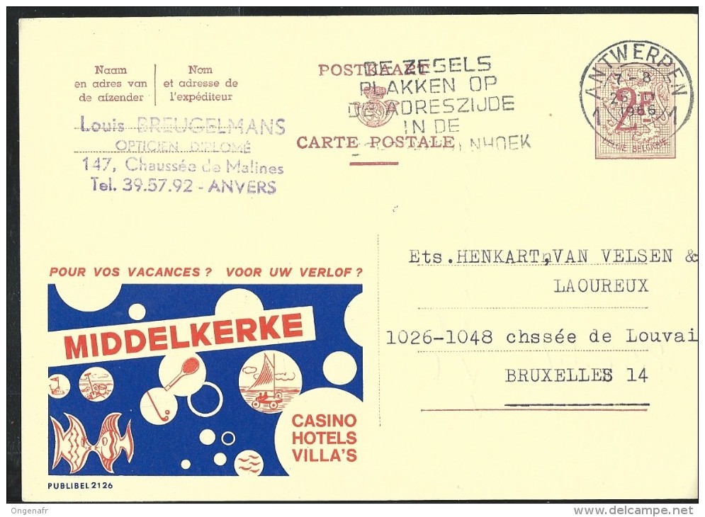 Publibel Obl. N° 2126 ( MIDDELKERKE, Tennis-golf-casino-plage) Obl: Antwerpen 1966 - Publibels