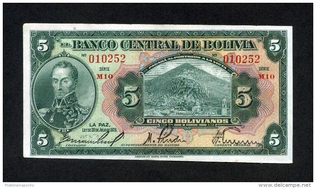 BOLIVIA BILLETES 1928;  "5 BOLIVIANOS" &ndash;BANCO CENTRAL DE BOLIVIA. - Bolivia