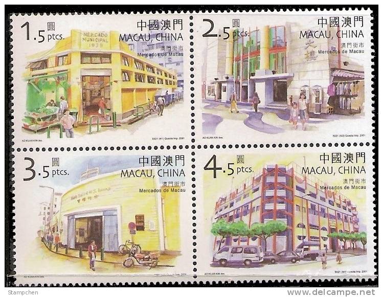 2001 Macau/Macao Stamps - Markets In Macao Motorbike Bicycle Car Architecture - Unused Stamps