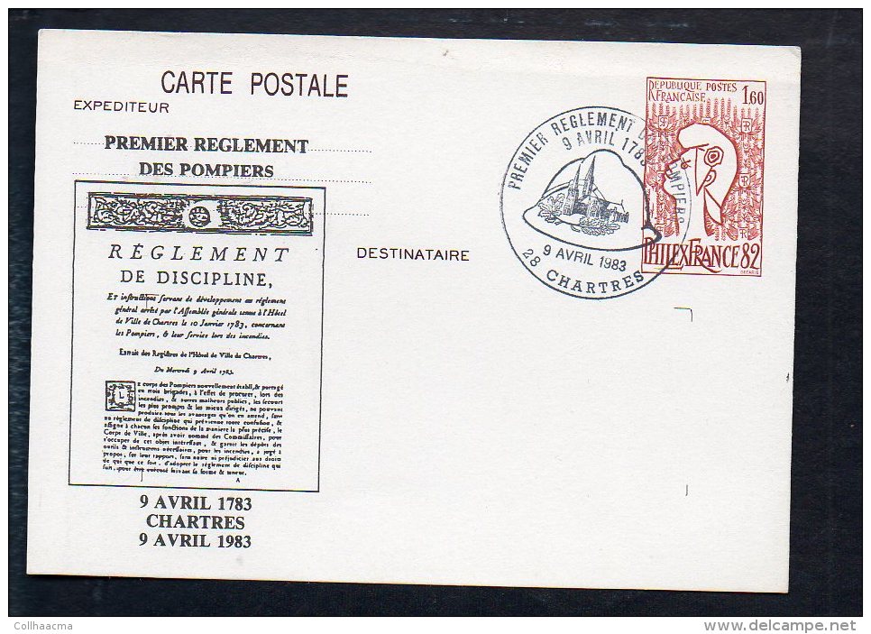 Métier - Sapeurs Pompiers / " Premier Réglement Des Pompiers ": CAD  Chartres 1983 : Repiquage Sur Entier Postal - Sapeurs-Pompiers