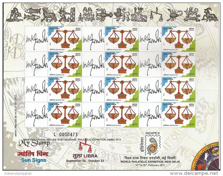 Special My Stamp,Sun Sign,Astrology Signs, Zodiac, Libra Sign,Gandhi 2, My Stamp, Sheet Of 12, MNH,Stamps, By India Post - Astrology