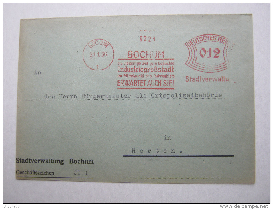 1936 , Bochum   , Freistempel  Auf   Brief - Briefe U. Dokumente