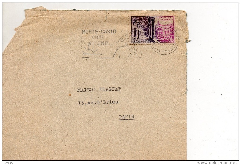 MONACO ENVELLOPE DU 25 MARS 1956 DE MONTE CARLO POUR PARIS - Lettres & Documents