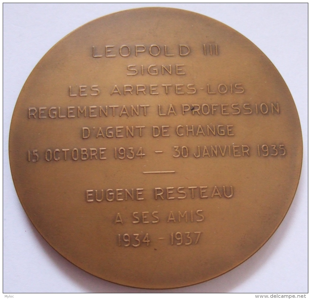 Médaille.   Eugène Resteau. Lois Reglementant Profession Agent De Change. 1934-1937. P. Theunis. Atel. Fisch. 70mm - Professionnels / De Société