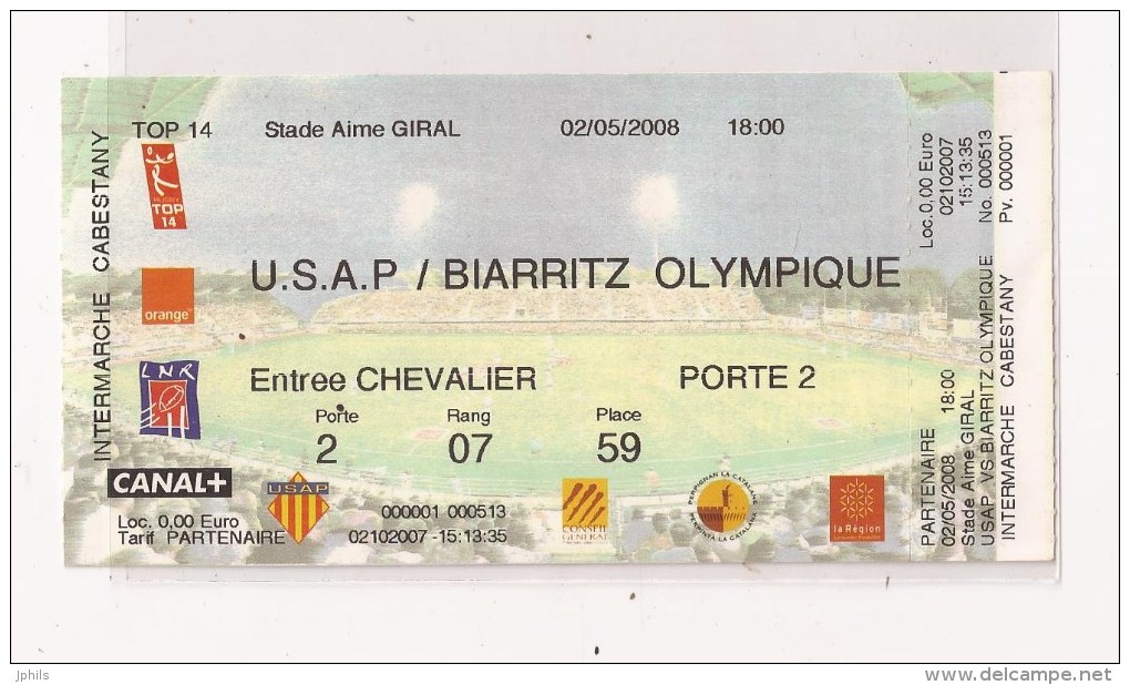 PERPIGNAN Billet Entrée U S A P BIARRITZ OLYMPIQUE 2 5 2008 - Rugby