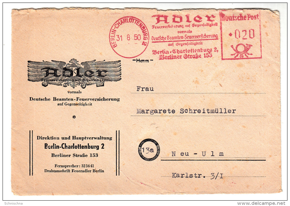 Berlin Brief-Kuvert,  Firmen Freistempel Adler Versicherung, Mit Vignette Deutsche Industrie-Ausstellung 1950 - Briefe U. Dokumente