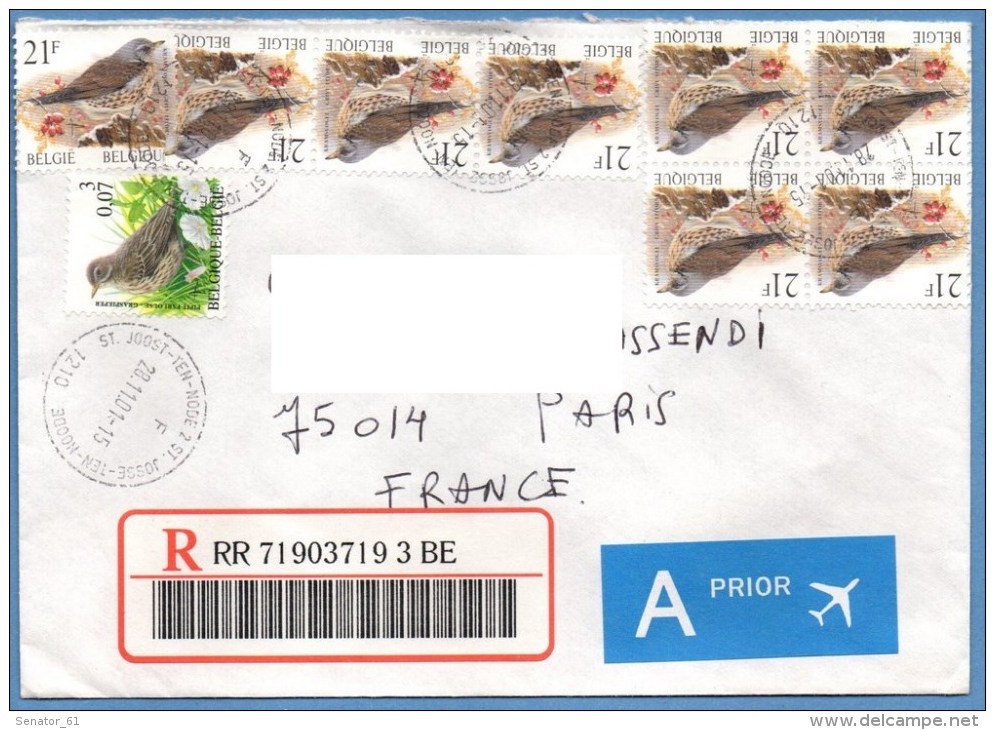 Lettre Recommandée Belgique  St Josse Ten Noode > France 2001 Oiseau Buzin  F + € - 1985-.. Oiseaux (Buzin)