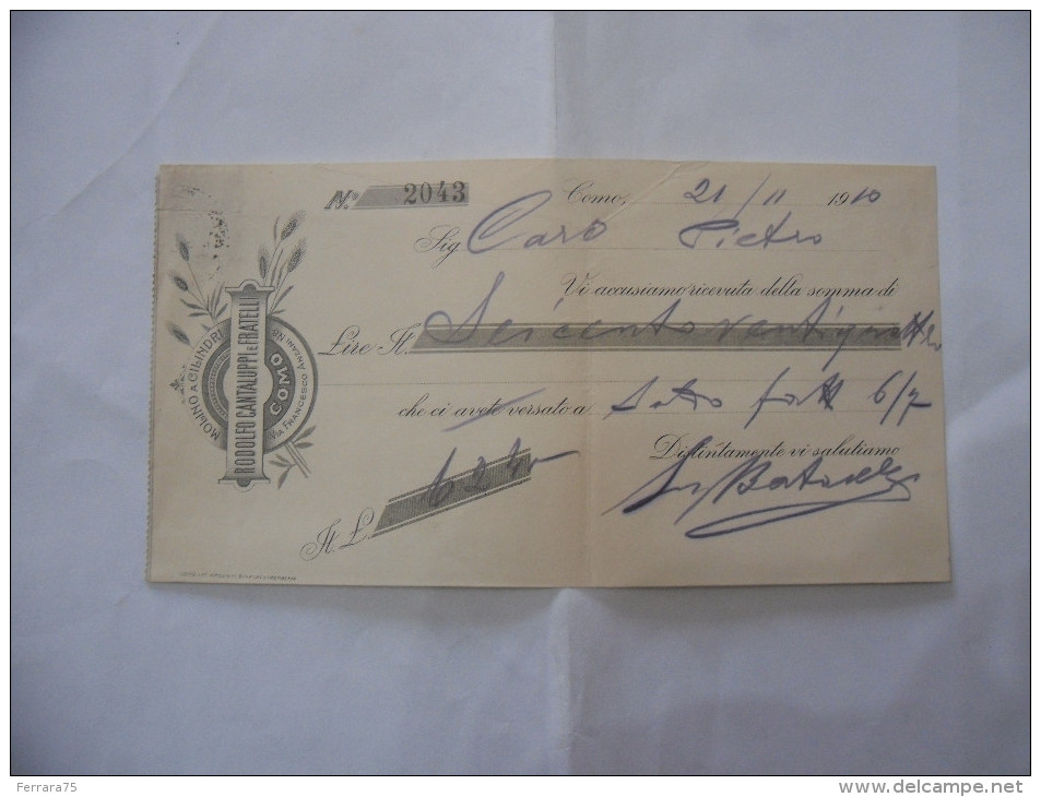 ASSEGNO RODOLFO CANTALUPPI E FRATELLI MOLINO A CILINDRI COMO  1910 - Chèques & Chèques De Voyage