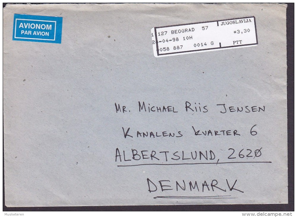 Yugoslavia AVIONOM PAR AVION Label BEOGRAB 1998 Meter Stamp Cover Brief ALBERTSLUND Denmark - Airmail