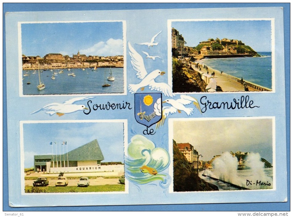 CPSM Souvenir De Granville Multivues Blason Voy. 1967  Port Aquarium Casino Grande Marée DS Dauphine Mouette - Granville