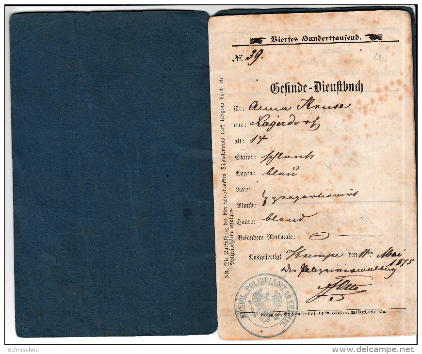 Gesinde Dienstbuch, Dokument, Polizei Amt Zu Crempe, Mit Eintragungen, 1875 Ff - Documents Historiques