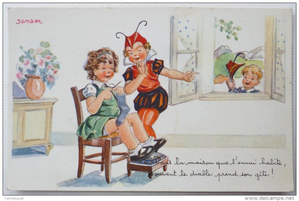 Litho Chromo ILLUSTRATEUR SUPERLUXE JANSER Enfant Fille TRICOT Chaussette Garcon Deguise En Diable - Janser