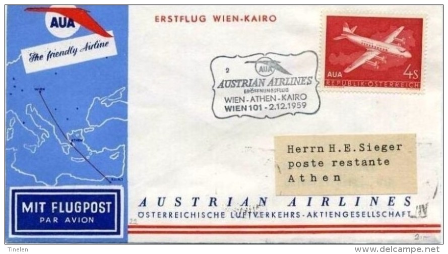 AUA - 2 12 1959 FFC  VIENNA-ATENE-IL CAIRO-E RIT - Primi Voli