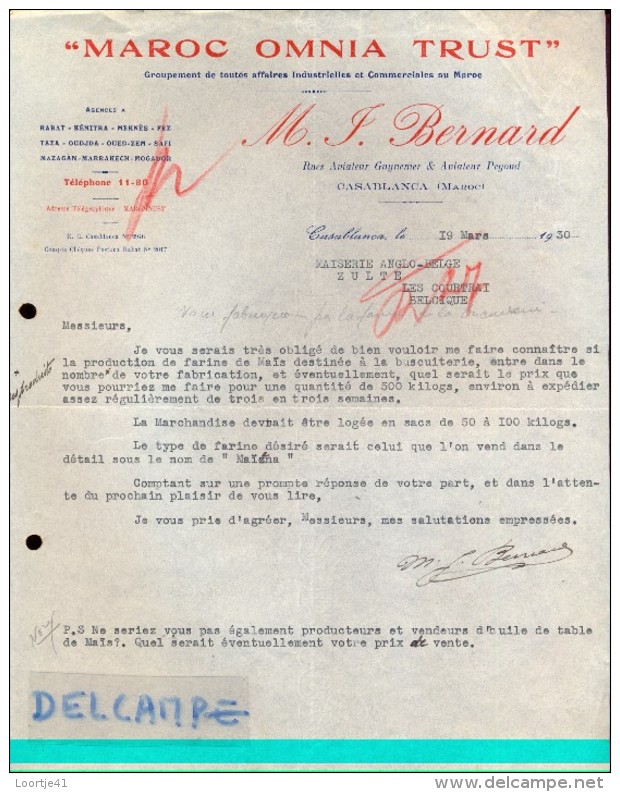 Factuur Facture - Maroc Omnia Trust - M.J. Bernard - Casablanca 1930 - Autres & Non Classés