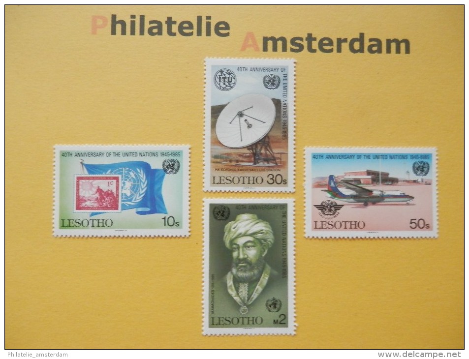 Lesotho 1985, UNITED NATIONS FLAGS STAMPS ITU SOFONIA SATELLITE STATION ICAO AIRPLANES MAIMONIDES: Mi 536-39, ** - Lesotho (1966-...)