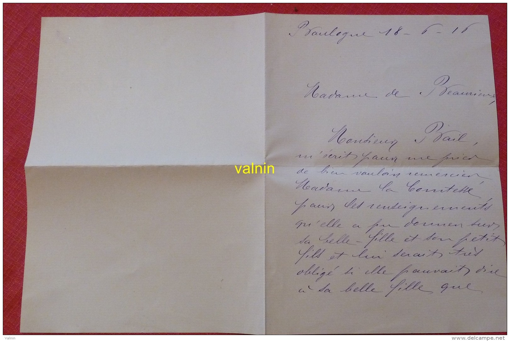 Lettre Pour Madame La Contesse De Beaurieux   1916 - Documenti Storici
