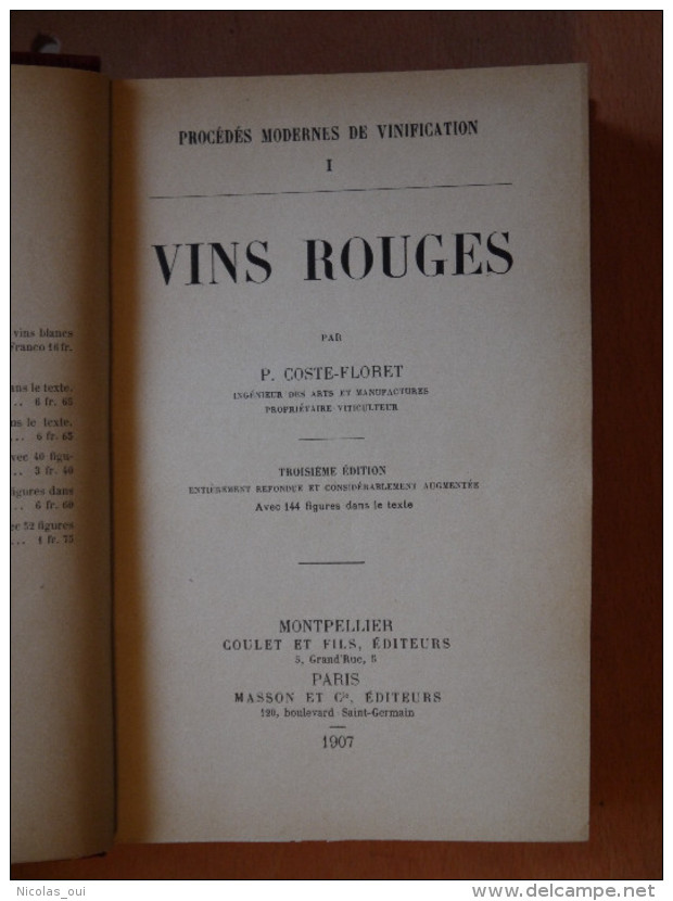 1907 VINS ROUGES COSTE FLORET - Gastronomie