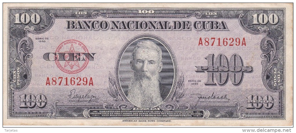 BILLETE DE CUBA DE 100 PESOS DEL AÑO 1950 DE AGUILERA  (BANKNOTE) - Cuba
