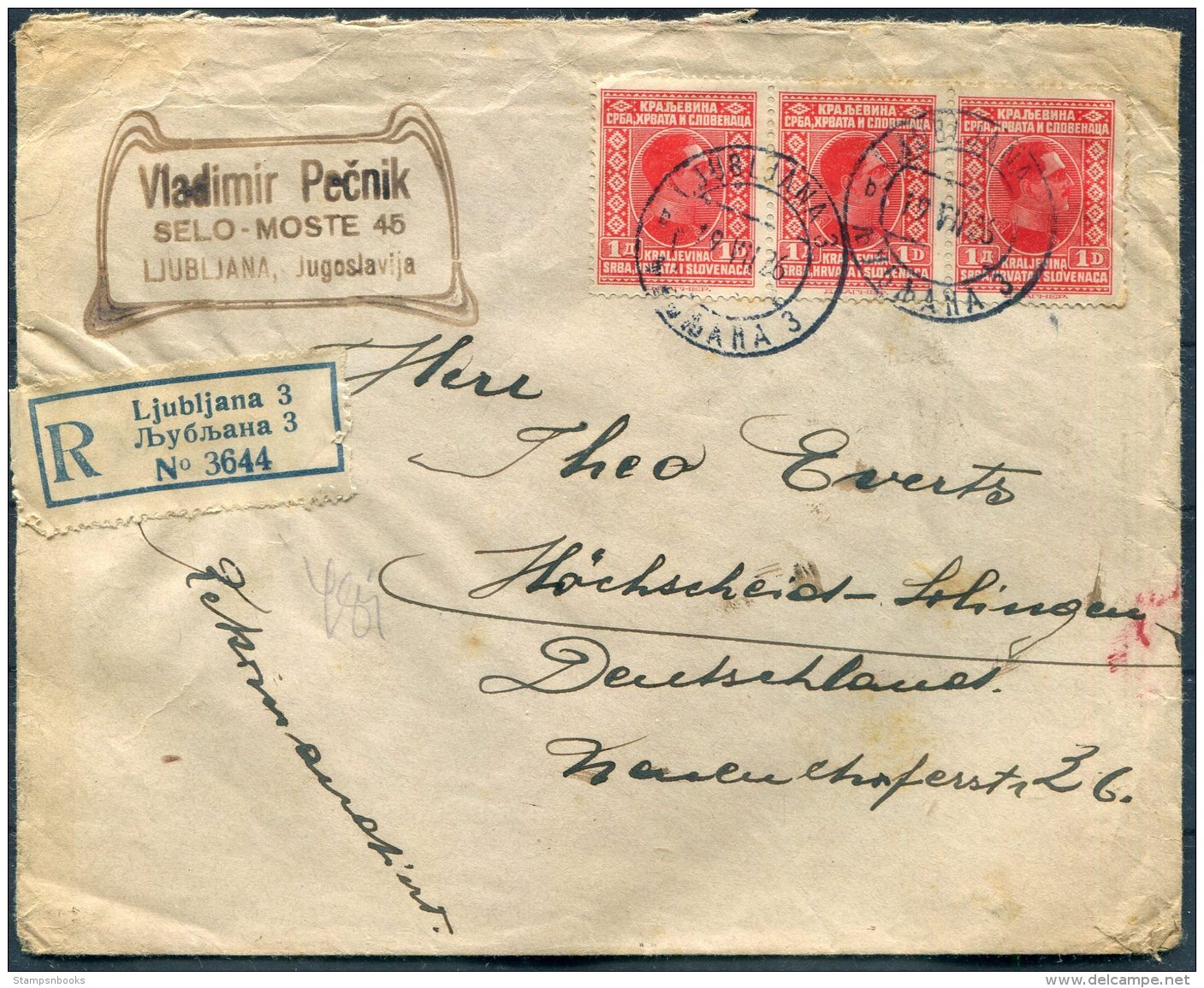 1926 Ljubljana Registered Cover - Hohscheid, Germany - Covers & Documents