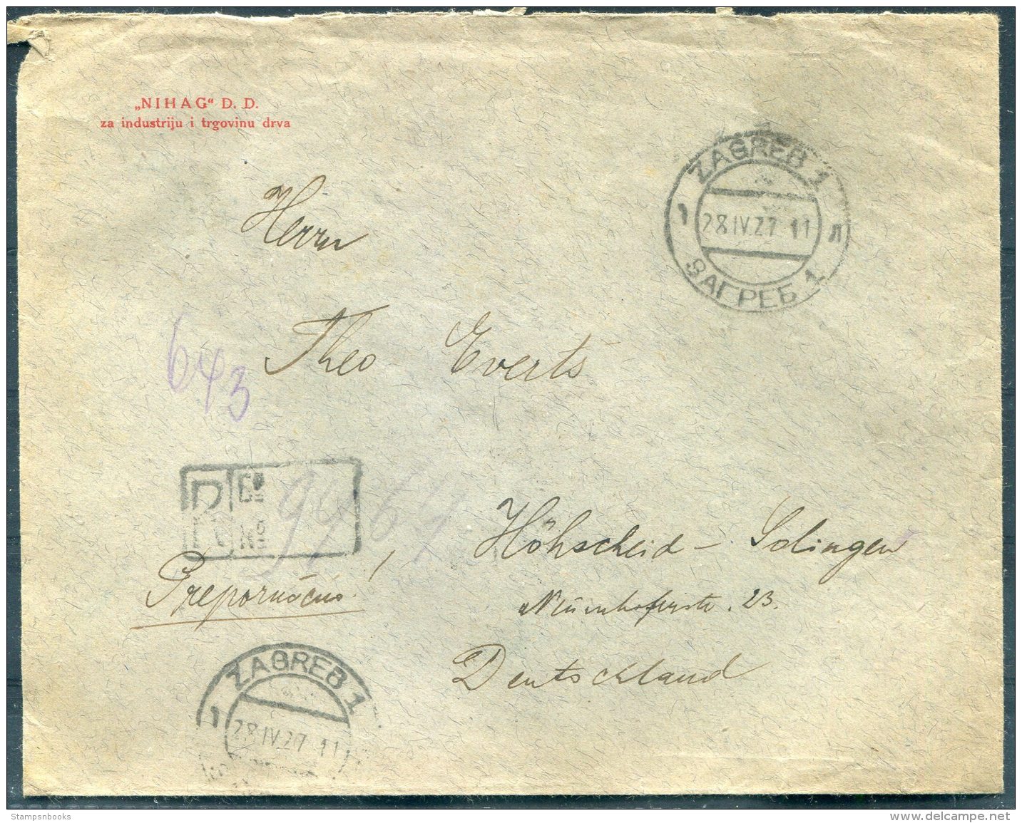 1927 Zagreb Registered Cover - Hohscheid, Germany - Covers & Documents