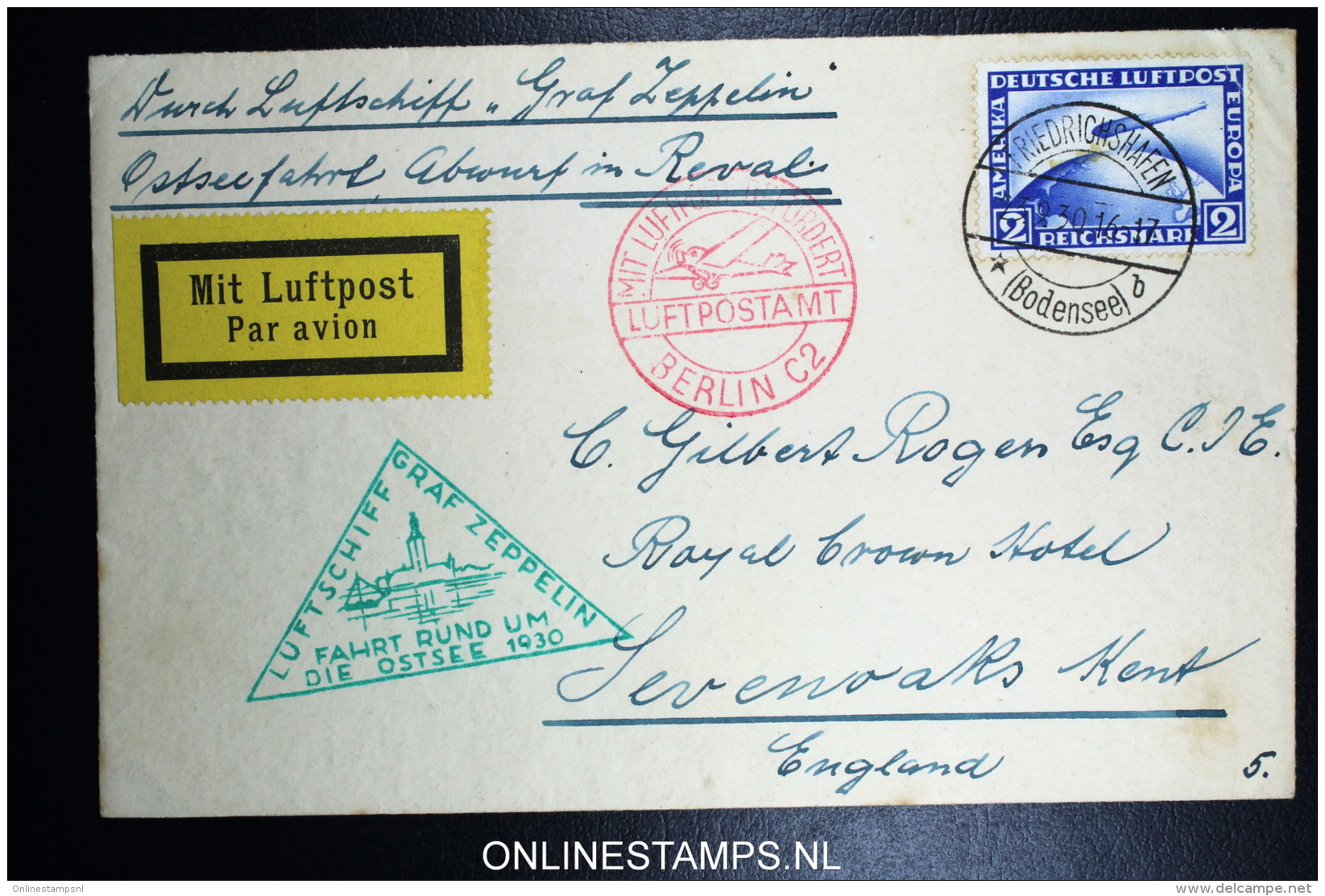 Graf Zeppelin Fahrt Rund Um Die Ostsee 1930   LZ 127   Mi 423  über Berlin C 2 Luftpostamt Nach England - Luft- Und Zeppelinpost