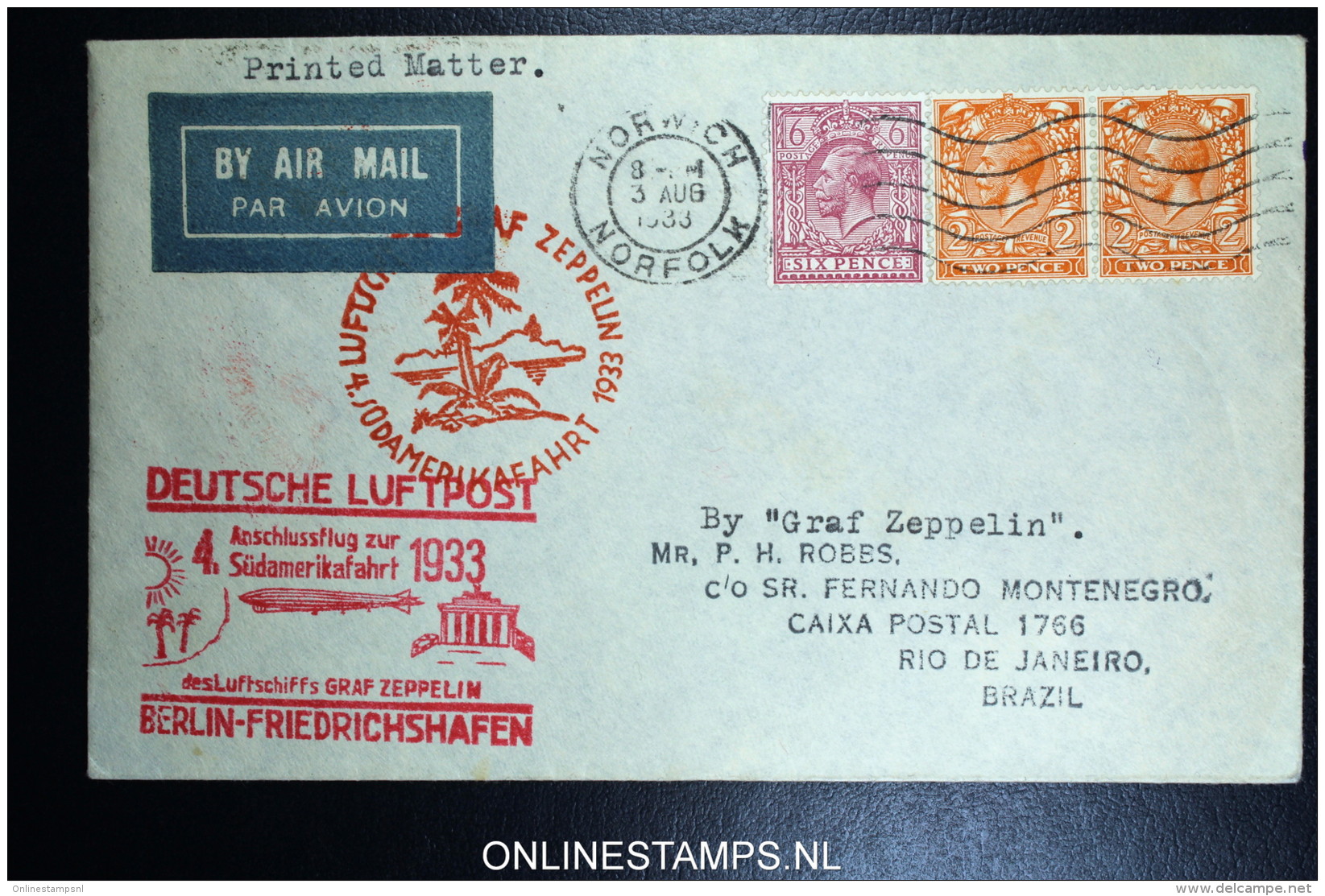 Graf Zeppelin 4. Südamerikafahrt  Sieger 223 B Norwich Berlin Friedrichshafen Rio De Janeiro Brasil. - Storia Postale