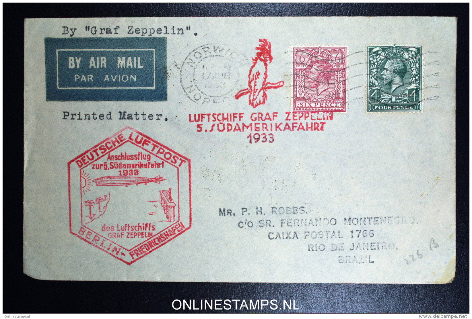 Graf Zeppelin 5. Südamerikafahrt  Sieger 226 B Norwich Berlin Friedrichshafen Rio De Janeiro Brasil. - Lettres & Documents