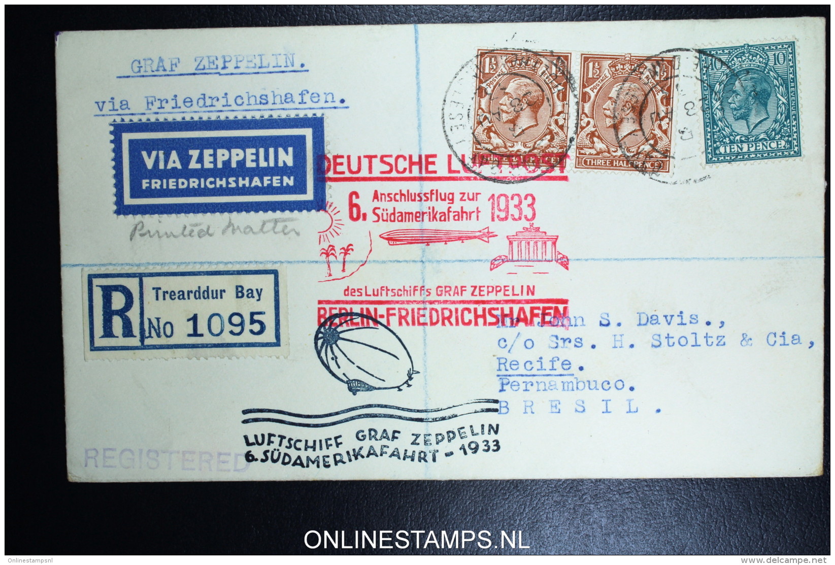 Graf Zeppelin 6. Südamerikafahrt  Sieger 229 B Norwich Berlin Friedrichshafen Pernambuco Brasil. Registered Cover - Briefe U. Dokumente