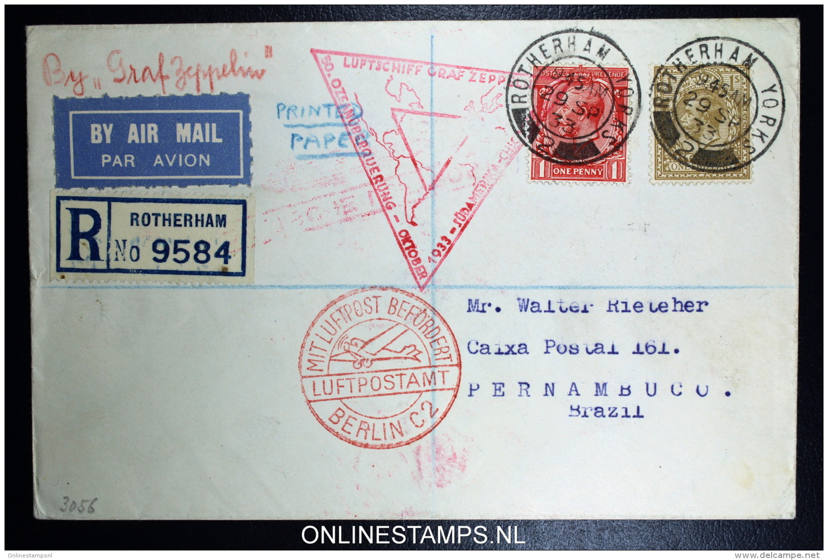 Graf Zeppelin Sudamerikafahrt-chicagofahrt  Sieger 238 E Rotherham  Friedrichshafen Pernambuco Brasil. Registered Cover - Lettres & Documents