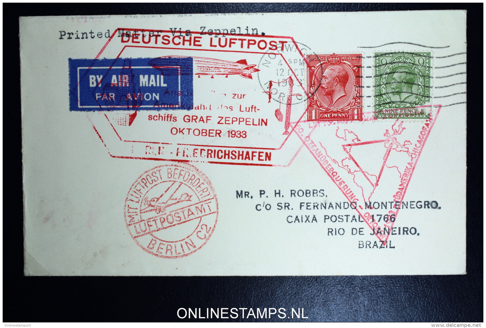 Graf Zeppelin Sudamerikafahrt-chicagofahrt  Sieger 238 E Rotherham  Friedrichshafen Pernambuco Brasil. - Covers & Documents