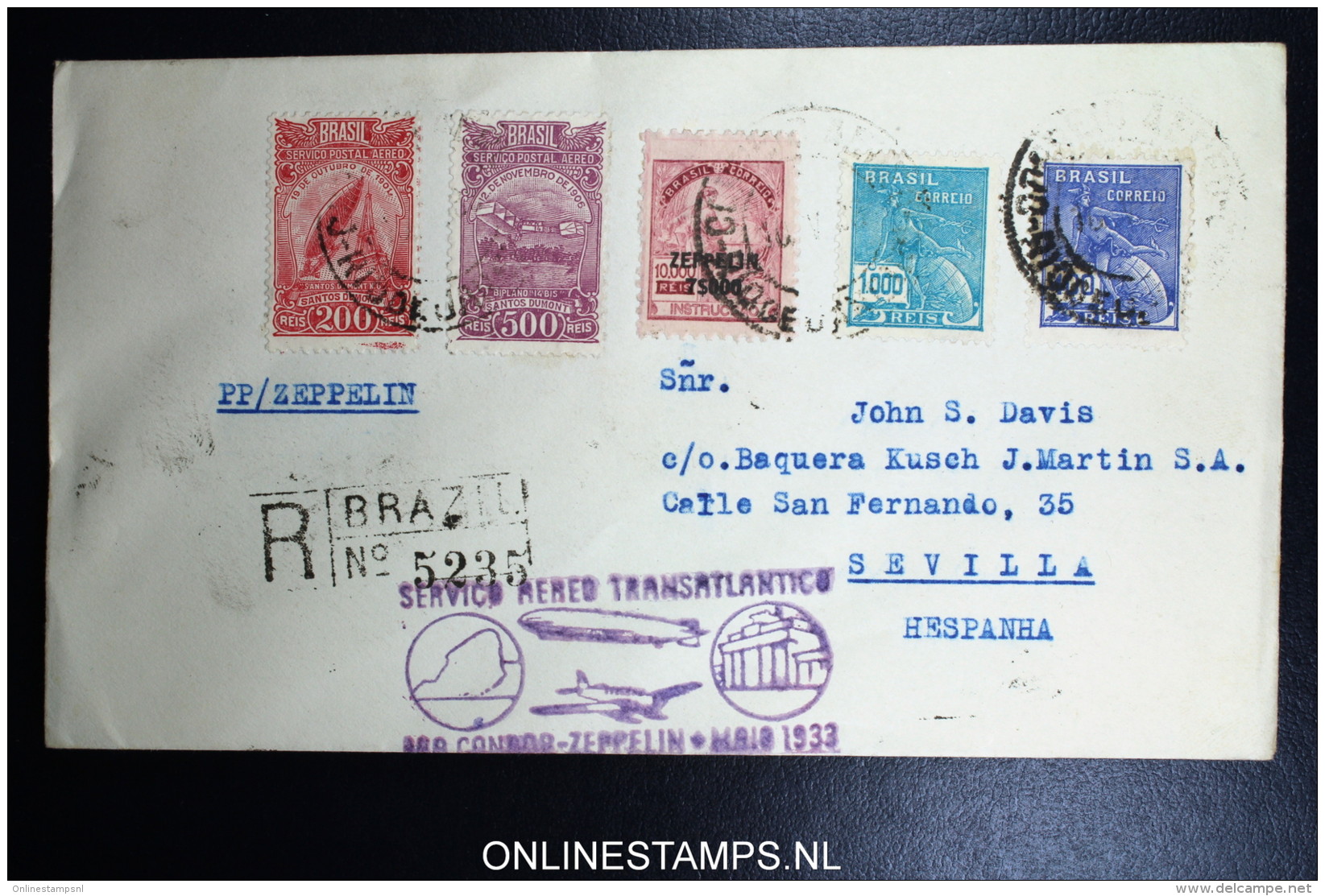 Graf Zeppelin 1. Südamerikafahrt 1933, Brasilianische Post,  Nach Sevilla Registered Zeppelin Stamp  Sieger 205 - Luft- Und Zeppelinpost