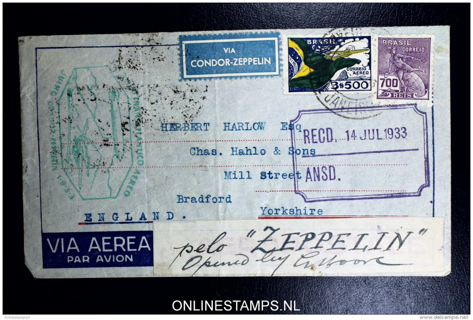 Graf Zeppelin 3. Südamerikafahrt 1933, Brasilianische Post,  Nach Bradford UK  Sieger 220  Opened By Customs - Poste Aérienne & Zeppelin