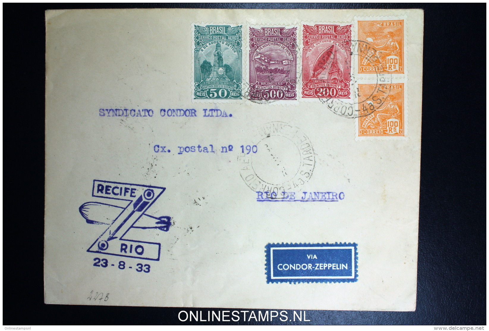 Graf Zeppelin 5. Südamerikafahrt 1933, Brasilianische Post, Recife To Rio   Sieger 227 B - Luft- Und Zeppelinpost