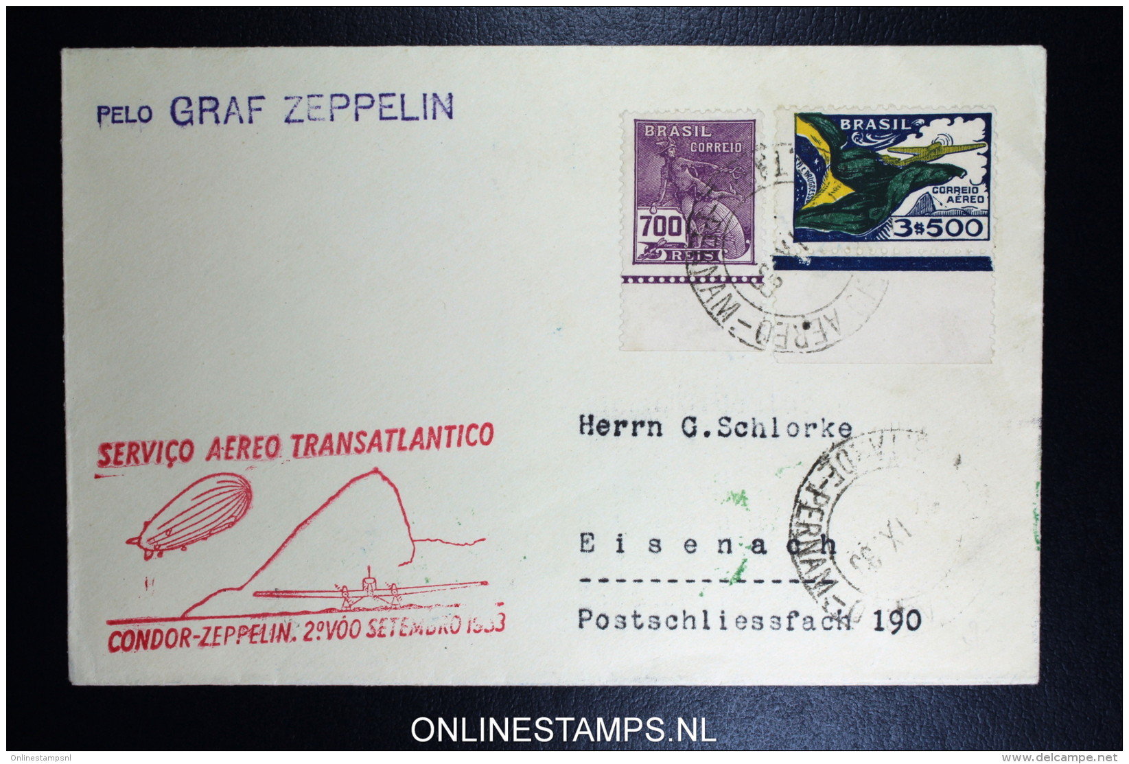 Graf Zeppelin 6. Südamerikafahrt 1933, Brasilianische Post,  Recife  To Eisenach Sieger 233 A - Poste Aérienne & Zeppelin