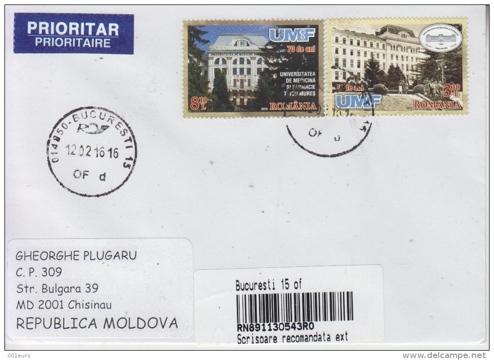 ROMANIA : MEDECINE & FARMACY UNIVERSITY On Cover Circulated To MOLDOVA - Envoi Enregistre! Registered Shipping! - Used Stamps