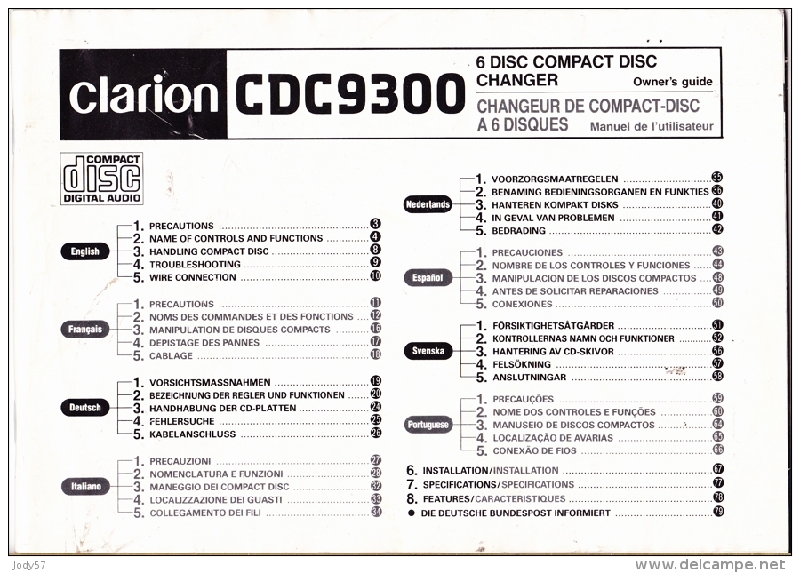 MANUALE D' USO - CLARION CDC9300 - Handbücher Für Sammler